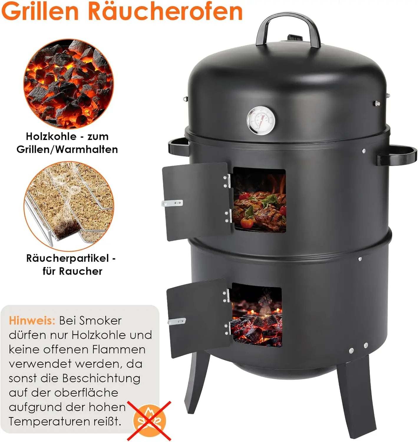 Holzkohle Smoker Grill 3-in-1 - Tragbar & Vielseitig für perfekte Grillpartys