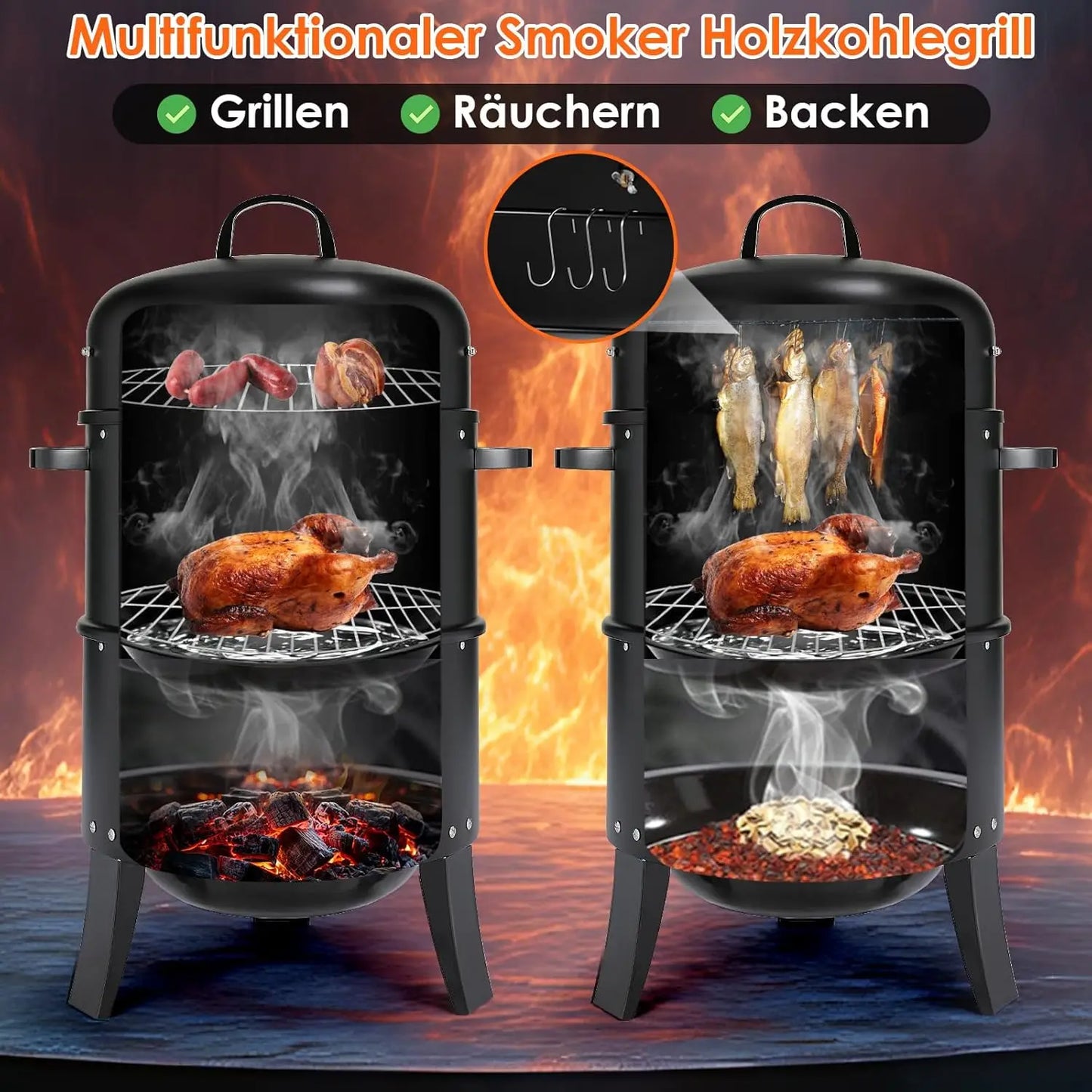 Holzkohle Smoker Grill 3-in-1 - Tragbar & Vielseitig für perfekte Grillpartys