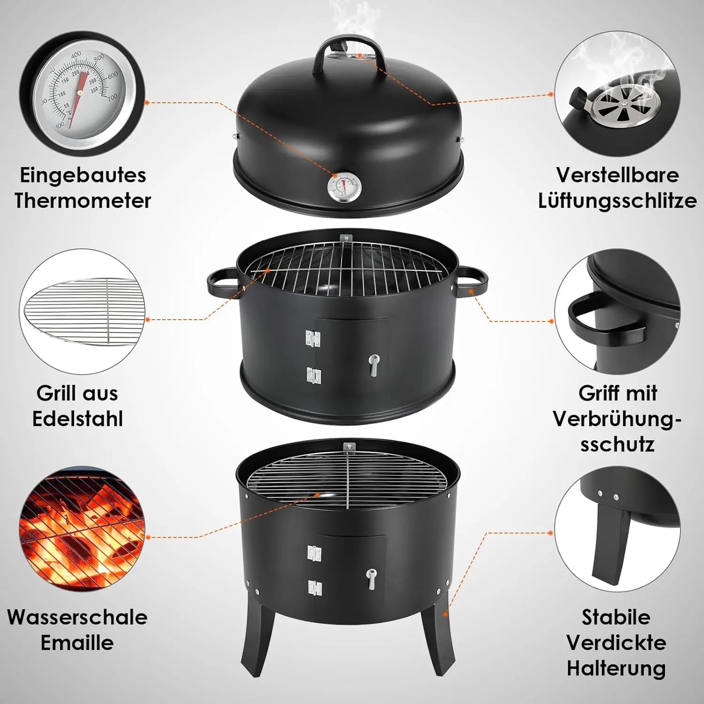 Holzkohle Smoker Grill 3-in-1 - Tragbar & Vielseitig für perfekte Grillpartys
