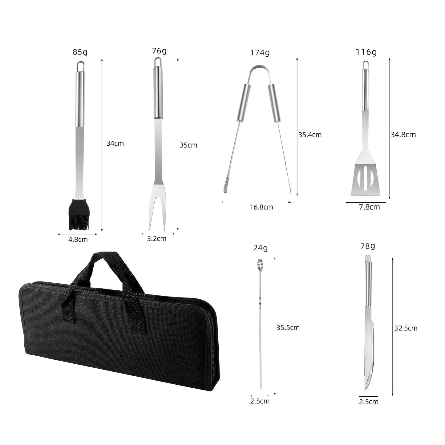 Grillbesteck Set - Komplettes Grillwerkzeug mit Spatel, Zange, Spieß und Aufbewahrungstasche