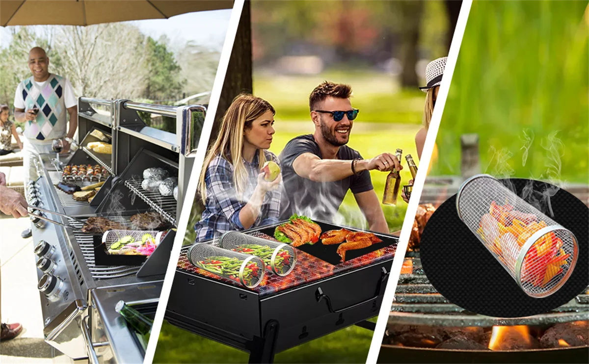 Stainless Steel Grill Basket Portable Barbecue Cage Rolling Grilling Basket Useful BBQ Grill Basket Outdoor Grill Accessories