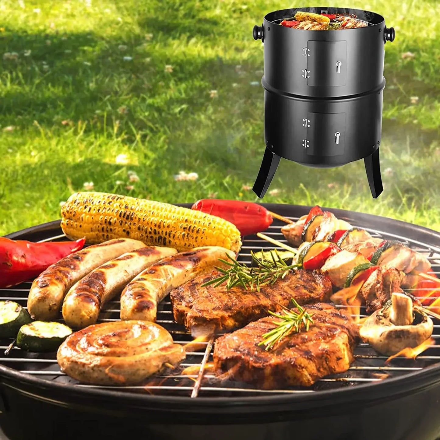 Holzkohle Smoker Grill 3-in-1 - Tragbar & Vielseitig für perfekte Grillpartys
