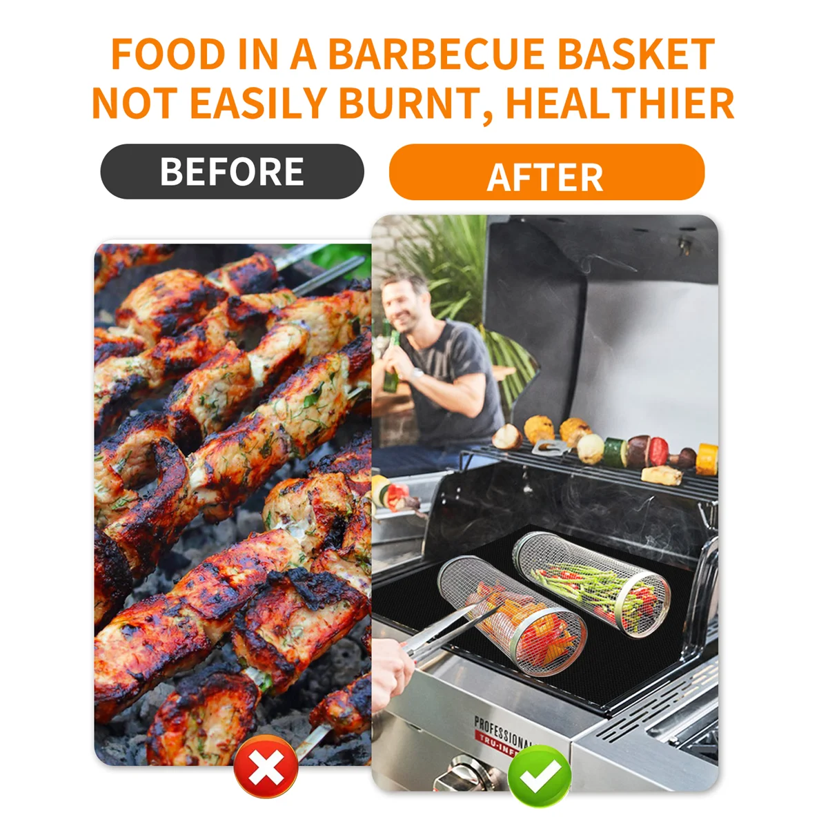 Stainless Steel Grill Basket Portable Barbecue Cage Rolling Grilling Basket Useful BBQ Grill Basket Outdoor Grill Accessories