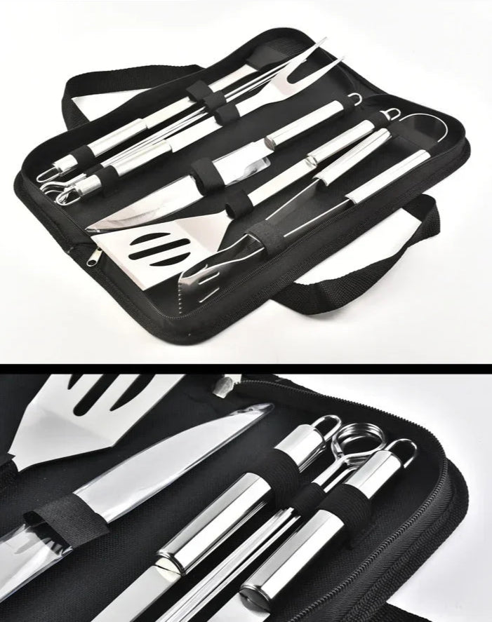 Grillbesteck Set - Komplettes Grillwerkzeug mit Spatel, Zange, Spieß und Aufbewahrungstasche