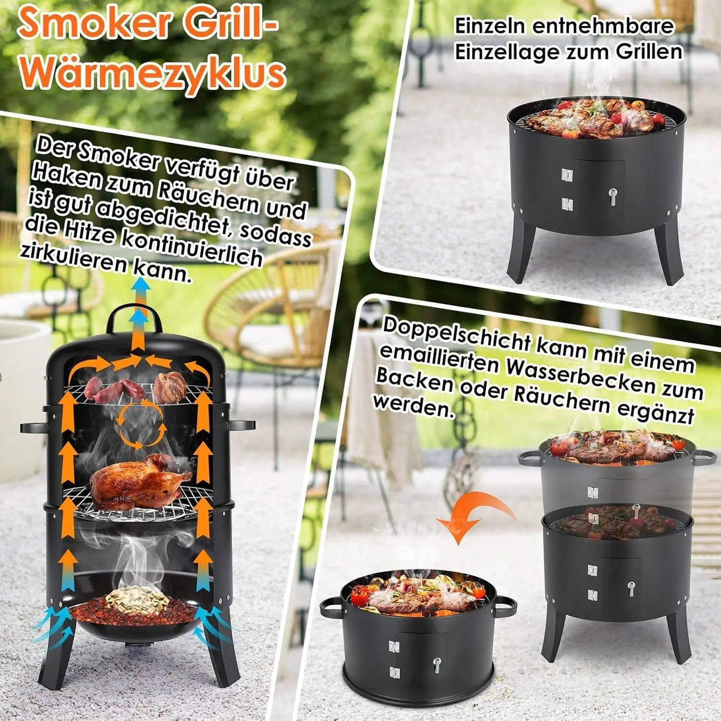 Holzkohle Smoker Grill 3-in-1 - Tragbar & Vielseitig für perfekte Grillpartys