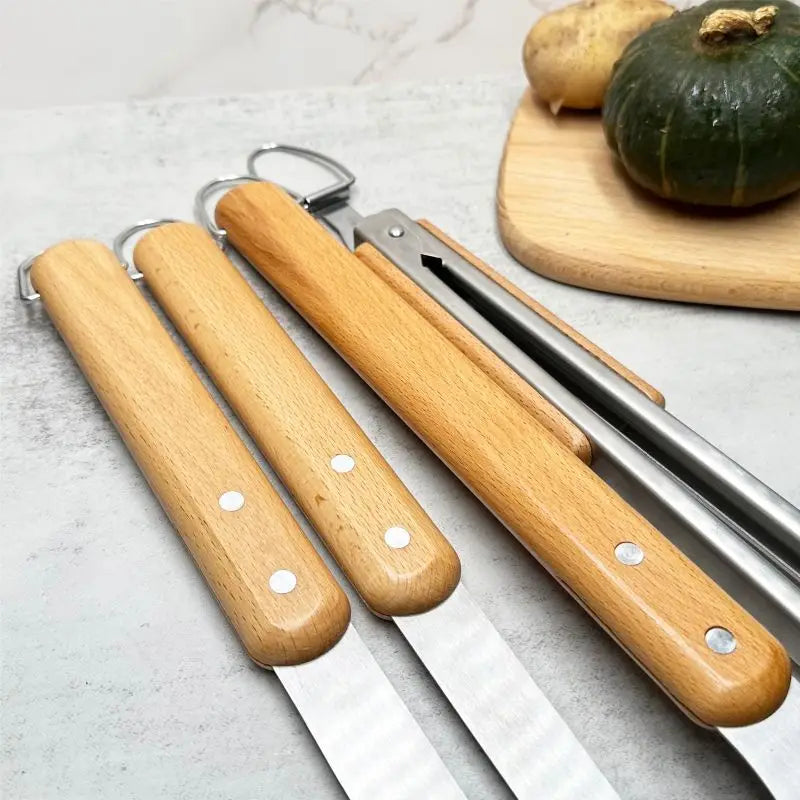 Grillbesteck-Set 4-teilig – Edelstahl & Buchenholz für BBQ-Profis