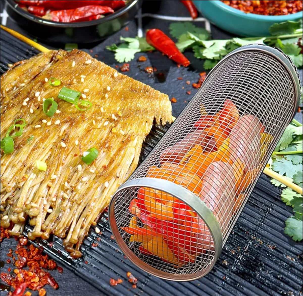 Stainless Steel Grill Basket Portable Barbecue Cage Rolling Grilling Basket Useful BBQ Grill Basket Outdoor Grill Accessories