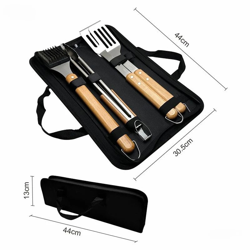 Grillbesteck-Set 4-teilig – Edelstahl & Buchenholz für BBQ-Profis