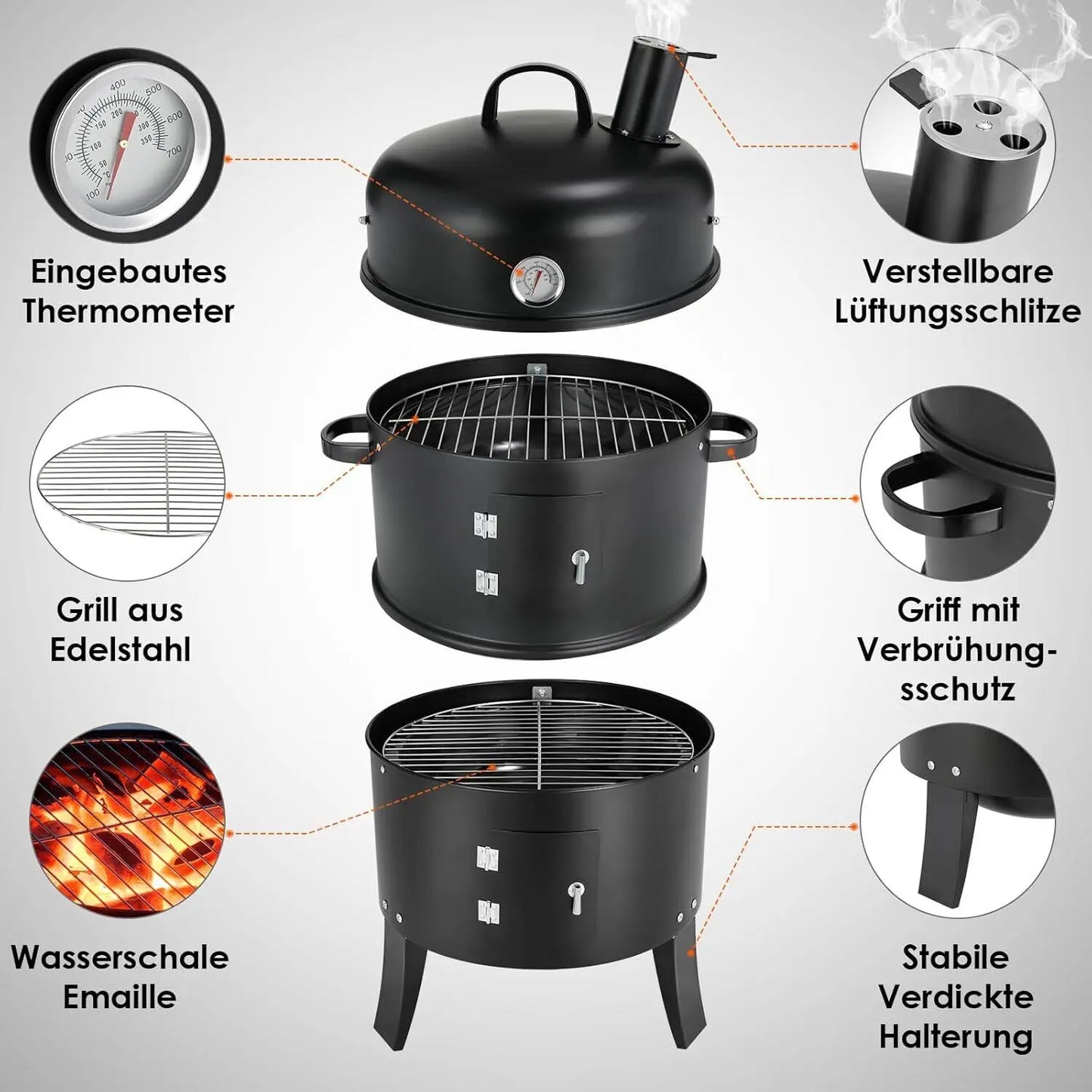 Holzkohle Smoker Grill 3-in-1 - Tragbar & Vielseitig für perfekte Grillpartys