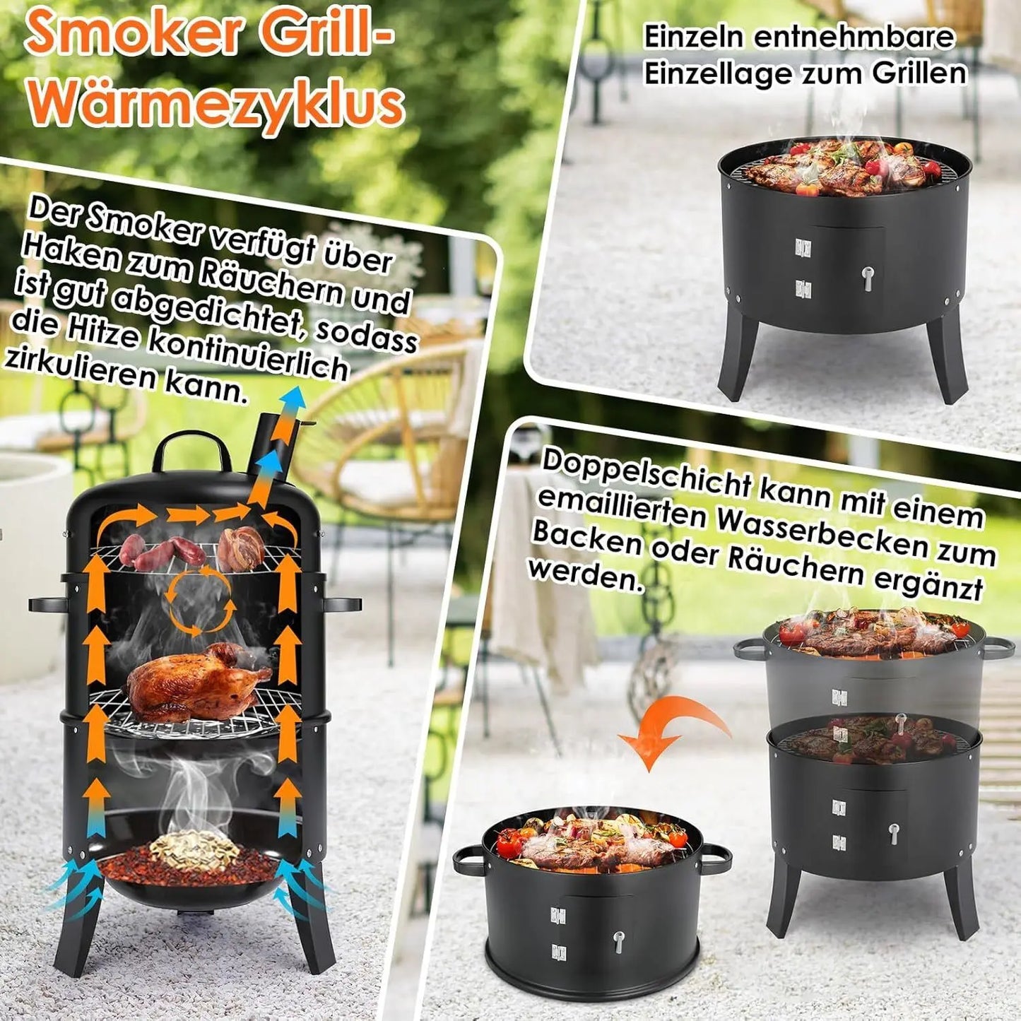 Holzkohle Smoker Grill 3-in-1 - Tragbar & Vielseitig für perfekte Grillpartys
