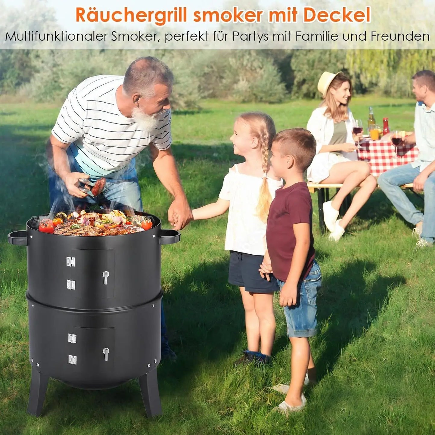 Holzkohle Smoker Grill 3-in-1 - Tragbar & Vielseitig für perfekte Grillpartys