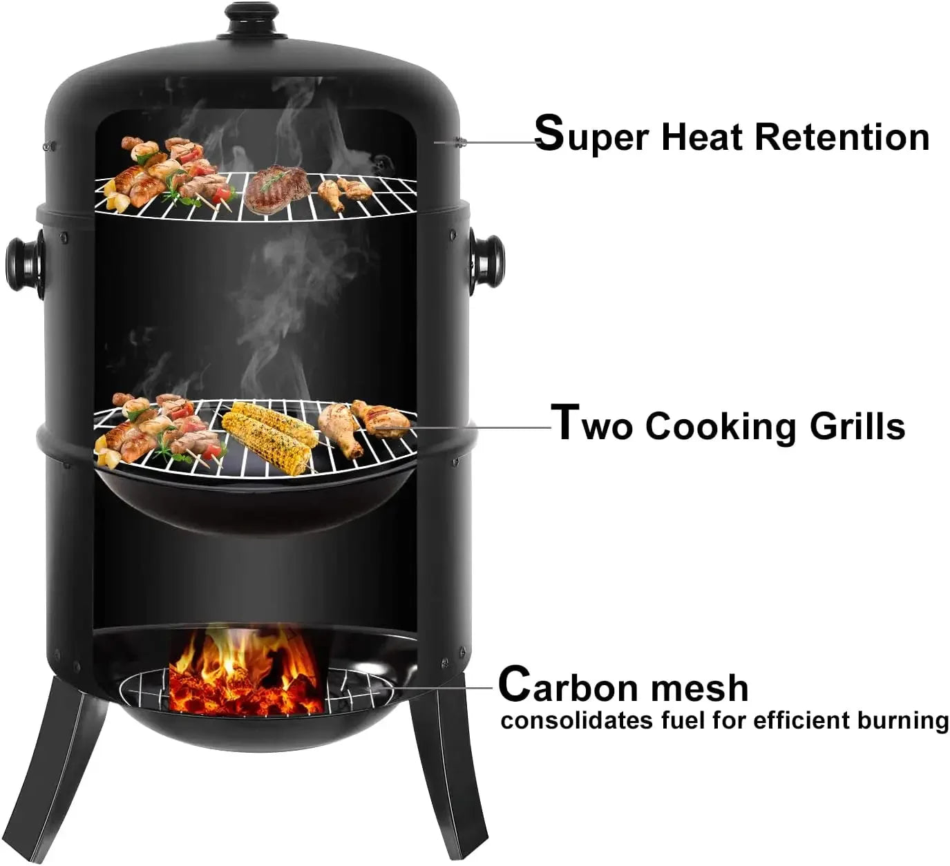 Holzkohle Smoker Grill 3-in-1 - Tragbar & Vielseitig für perfekte Grillpartys
