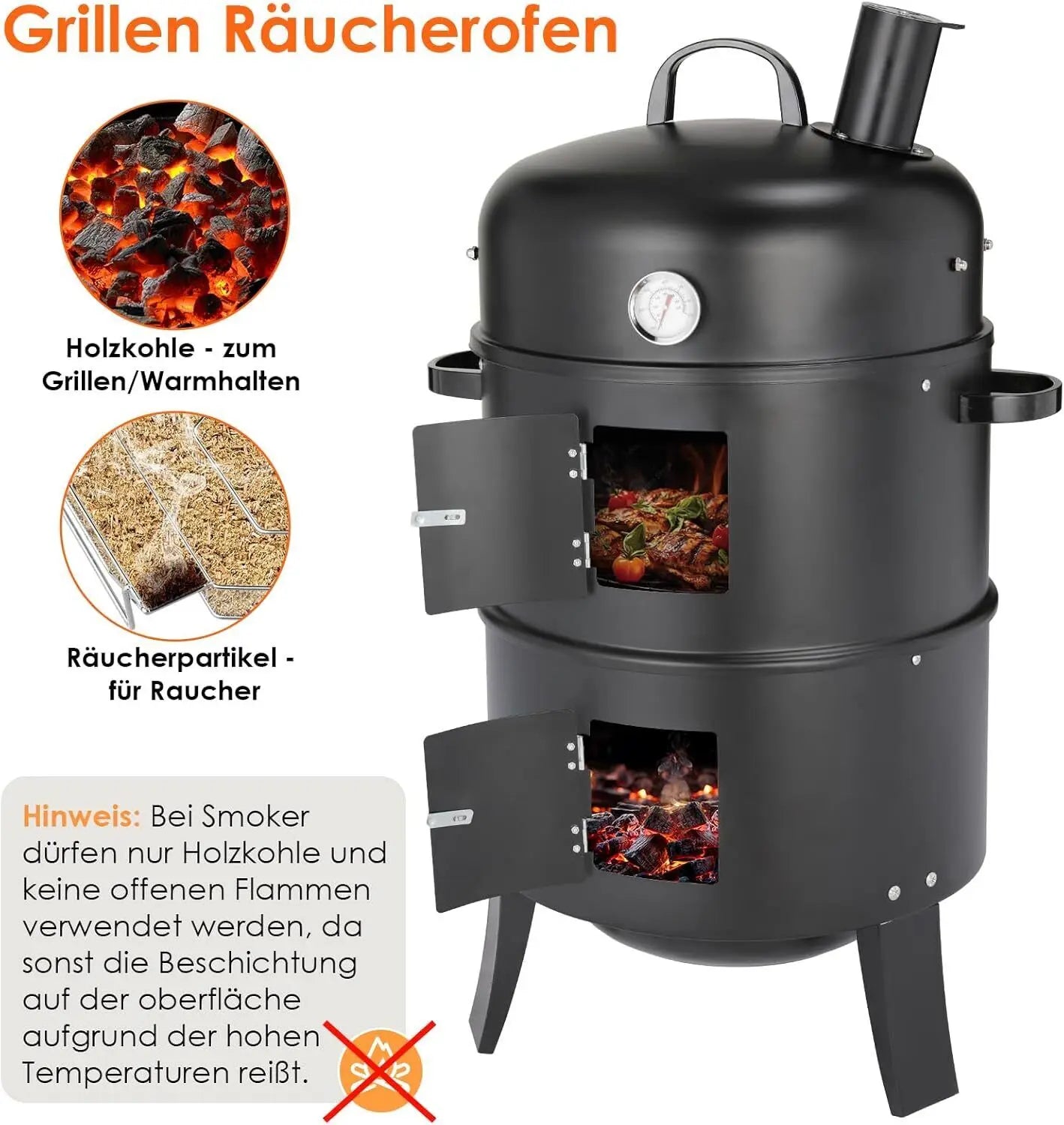 Holzkohle Smoker Grill 3-in-1 - Tragbar & Vielseitig für perfekte Grillpartys