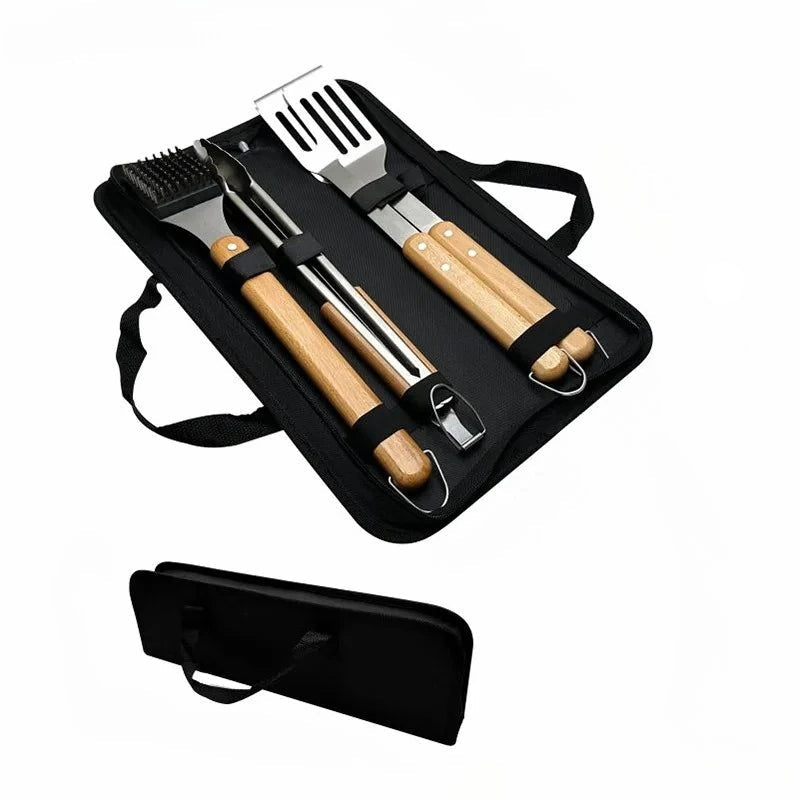 Grillbesteck-Set 4-teilig – Edelstahl & Buchenholz für BBQ-Profis