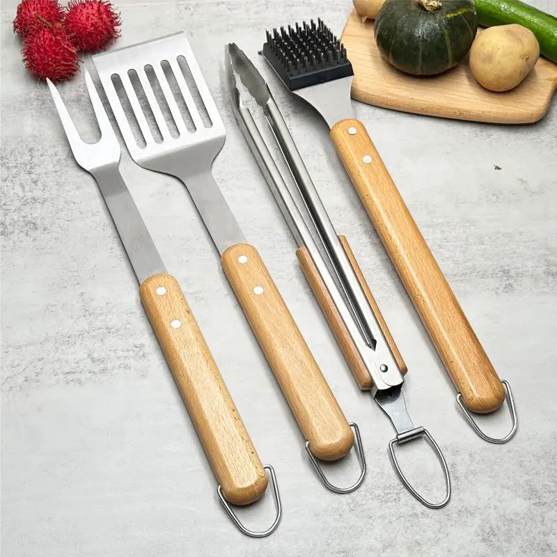 Grillbesteck-Set 4-teilig – Edelstahl & Buchenholz für BBQ-Profis