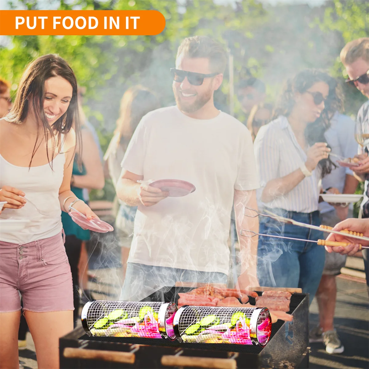 Stainless Steel Grill Basket Portable Barbecue Cage Rolling Grilling Basket Useful BBQ Grill Basket Outdoor Grill Accessories